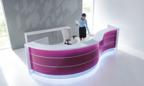 Banque accueil PMR  design arrondie stratifié brillant éclairage led DEVAL